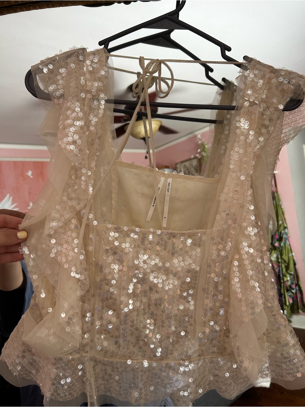 Anthropologie Iridescent Sequin Sheer Tulle Crop Top in Champagne - Picture 4 of 8